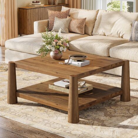 Tribesigns Square Solid Wood Coffee Table, 34" Farmhouse Center Table with 2-Tier Storage and Sturdy Legs, Accent Cocktail Table for Living Room, Brown