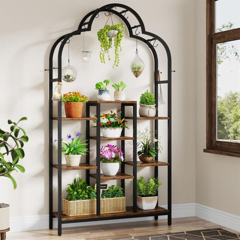 Tribesigns - Support pour plantes d'intérieur à 6 niveaux, étagère arquée en métal de 190 cm avec 10 crochets de suspension en s, présentoir