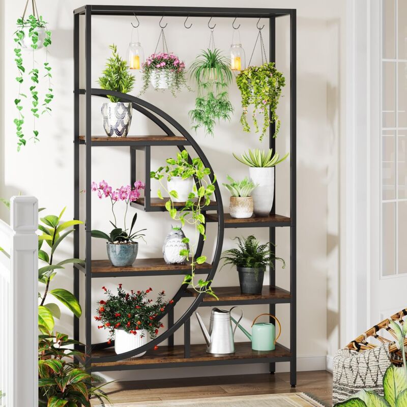 Tribesigns - Support pour plantes d'intérieur à 7 niveaux, étagère pour plantes en forme de demi-lune de 180 cm avec 6 crochets de suspension en s,