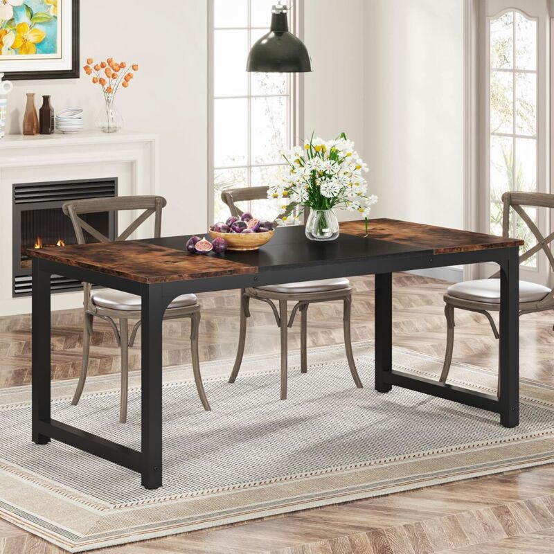 Tribesigns Table à Manger, 160 x 80 x 75 cm, pour 4-6 Personnes, Table de Salon, Bureau, pour Salle à Manger Industriel, métal Robuste, Marron
