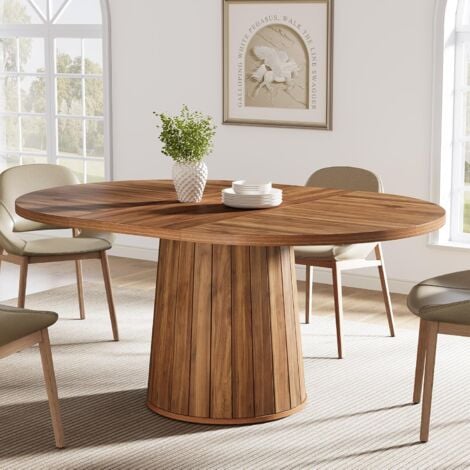 Tribesigns Table à manger ovale  pour 6 personnes, table à manger en bois de ferme de 140 cm, table de cuisine rustique avec plateau en bois et base cylindrique pour salle à manger (marron)