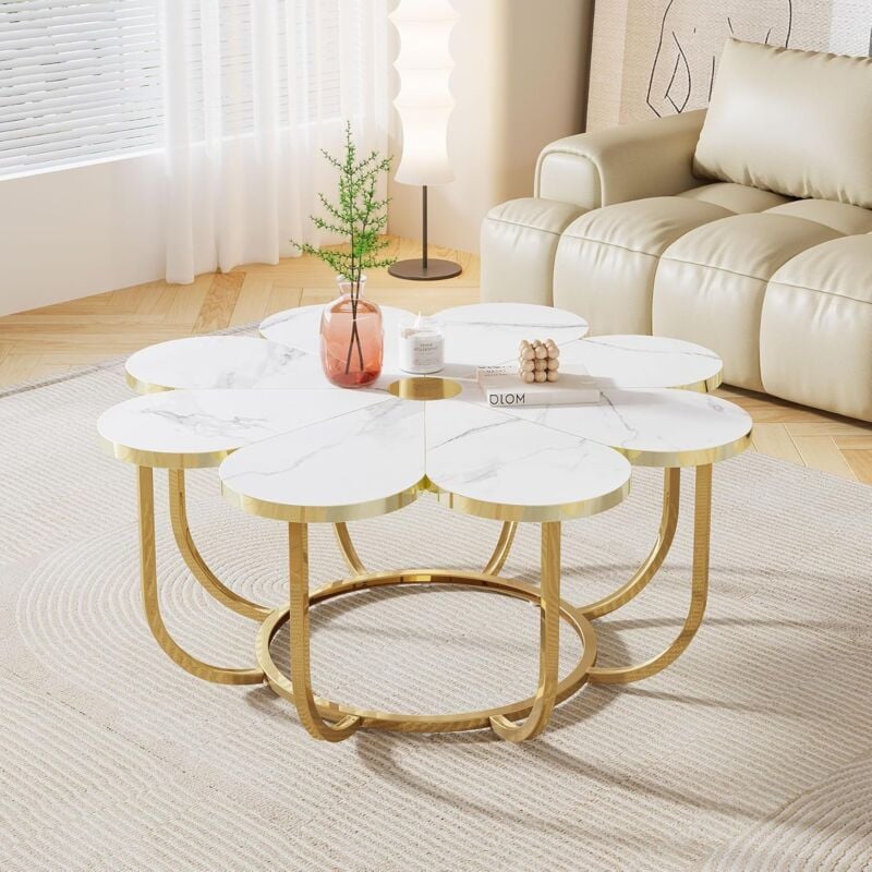 Tribesigns - Table Basse Blanc et Or, 100 cm Table Basse Moderne en Forme de Fleur avec Plateau en Faux Marbre, Table Centrale d'appoint Florale avec