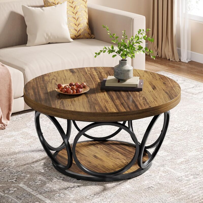 Tribesigns Table Basse Ronde 2 Niveaux, Table de Salon Bois 80 cm, Structure en métal, T-Able Ronde Bois, Plateau Épaissi, Facile à Monter Industriel