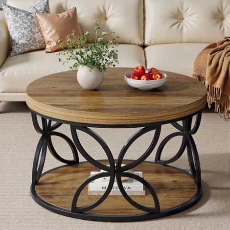 Tribesigns Table Basse Ronde de 80 cm avec Espace de Rangement, Table de Salon à 2 Niveaux pour Salon et Bureau, Grain de Bois Marron Rustique et Cadre en métal Noir