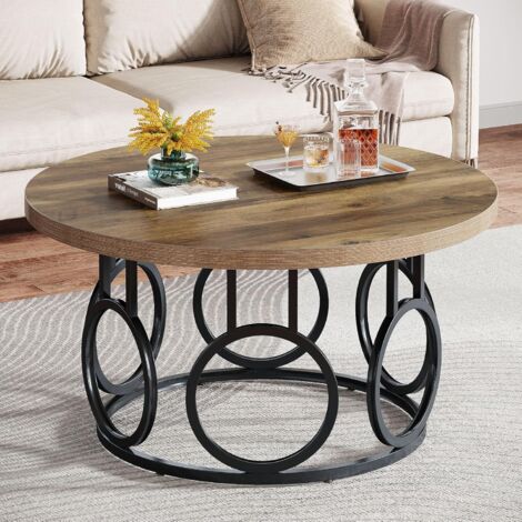 Tribesigns Table basse ronde de 80 cm, table ronde de salon, table centrale moderne en bois pour la maison, le bureau, l'appartement (grain de bois et noir)