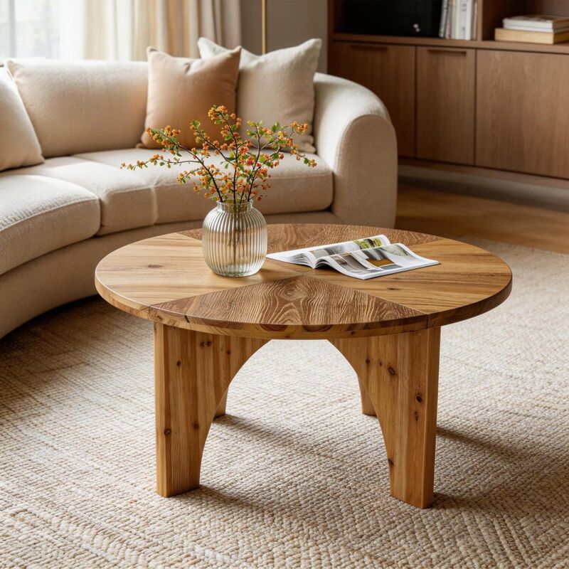 Tribesigns Table basse ronde en bois massif de 80 cm (31,5 pouces), table centrale fermière aux pieds incurvés, table de cocktail ronde pour salon,