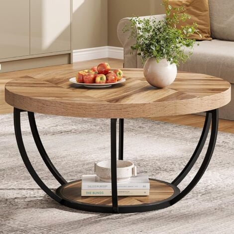 Tribesigns Table basse ronde, table de cocktail industrielle moderne à 2 niveaux avec étagères, table d'appoint de canapé circulaire en bois avec pieds en métal pour le salon, la maison, grain de bois