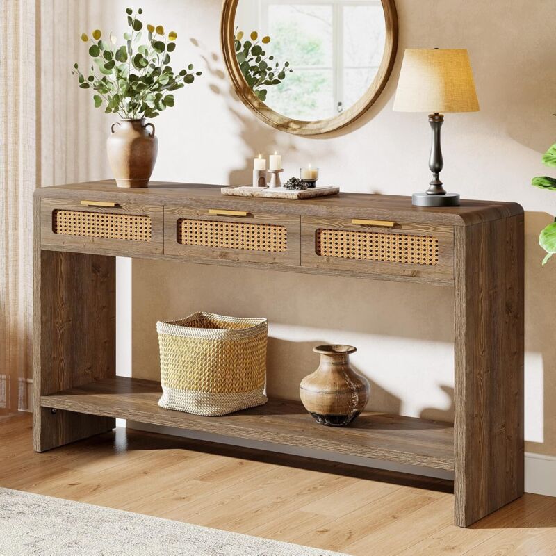 Tribesigns Table Console, 140 cm Table d'Entrée, Bout de Canapé, avec 3 Tiroirs en Rotin et Deux étagères Ouvertes, Table Basse derrière Le canapé