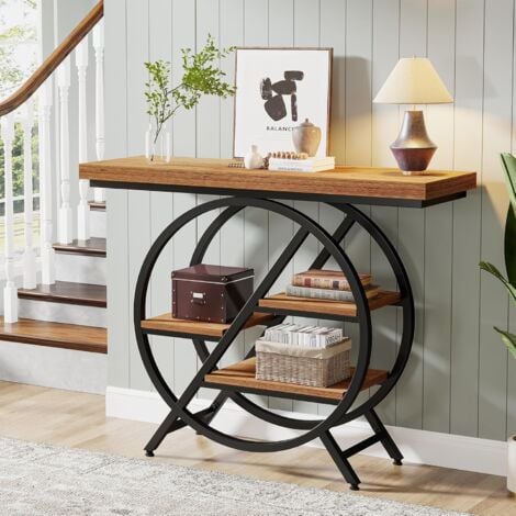 Tribesigns Table console de 100 cm avec plateau épais, table de canapé de couloir industrielle étroite à 4 niveaux avec cadre géométrique en métal pour salon, entrée, marron clair