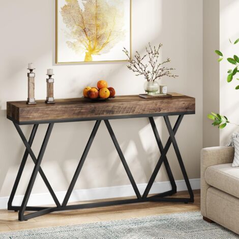 Tribesigns Table Console de 140cm, Table d'entrée en Bois avec Base en métal Unique, Table Basse, Table de Foyer, Table d'accentuation Industrielle pour Couloir, Salon, entrée (Marron)