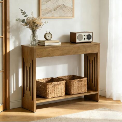 Tribesigns Table console derrière canapé 105 cm, petite table de style campagne avec 2 niveaux de rangement et pieds cannelés pour salon, couloir, entrée – marron rustique