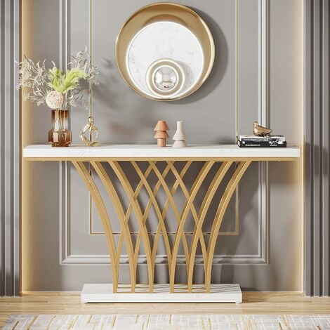 Tribesigns Table Console dorée - 150 x 29,5 x 80 cm - Moderne - avec Pied en métal en Forme de Grille - pour entrée, Couloir, entrée, Salon (marbre synthétique Blanc et doré)