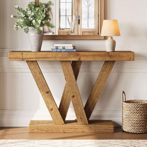 Tribesigns Table Console en Bois Massif, 120 cm, Table d'appoint avec Double Base en Forme de V, pour Salon, Couloir