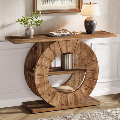 Tribesigns Table console en bois massif de 104 cm avec rangement, table de canapé fermière avec étagères 3 niveaux et base sculptée circulaire pour salon, couloir, entrée, brun rustique