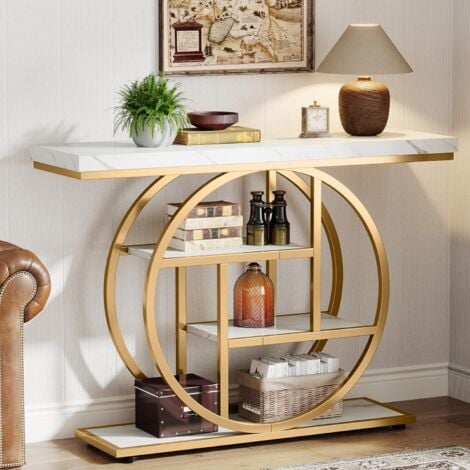 Tribesigns Table console industrielle à 4 niveaux avec base circulaire, tables d'appoint étroites en bois avec étagères de rangement pour salon, couloir, foyer, 105 cm, blanc doré