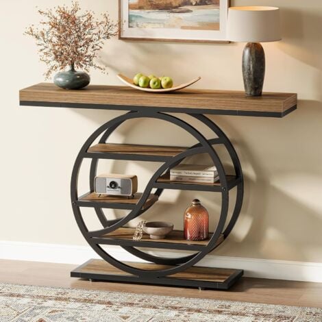 Tribesigns Table console industrielle à 5 étages de 120 cm avec socle circulaire, tables d'appoint étroites en bois avec étagères de rangement pour salon, couloir, hall d'entrée Marron