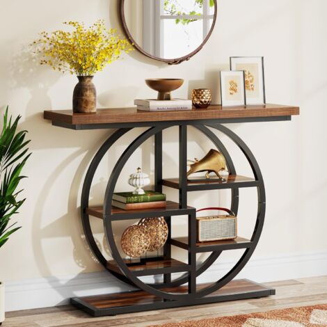 Tribesigns Table console industrielle à 6 niveaux avec base circulaire, Meuble Table d'appoint étroite en bois avec étagères de rangement pour salon, couloir, foyer - Marron rustique - 105 cm