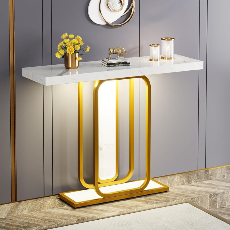 Tribesigns - Table Console, Moderne Table d'entrée de 105 cm avec Base géométrique, Imitation marbre Blanc, Table de canapé étroite, Console Meuble