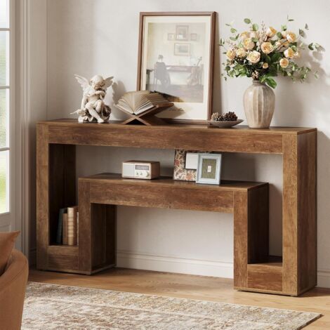 Tribesigns Table Console Rustique en Bois de 160 cm avec étagère à 2 Niveaux, Table d’entrée étroite de Style Fermier pour entrée, Couloir, Salon ou derrière Un canapé, Brun