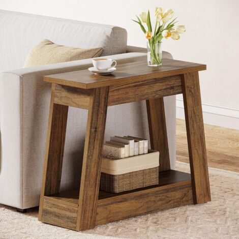 Tribesigns Table d'appoint en bois, petite table d'appoint avec 2 étagères de rangement, table de chevet rustique étroite pour salon, chambre à coucher