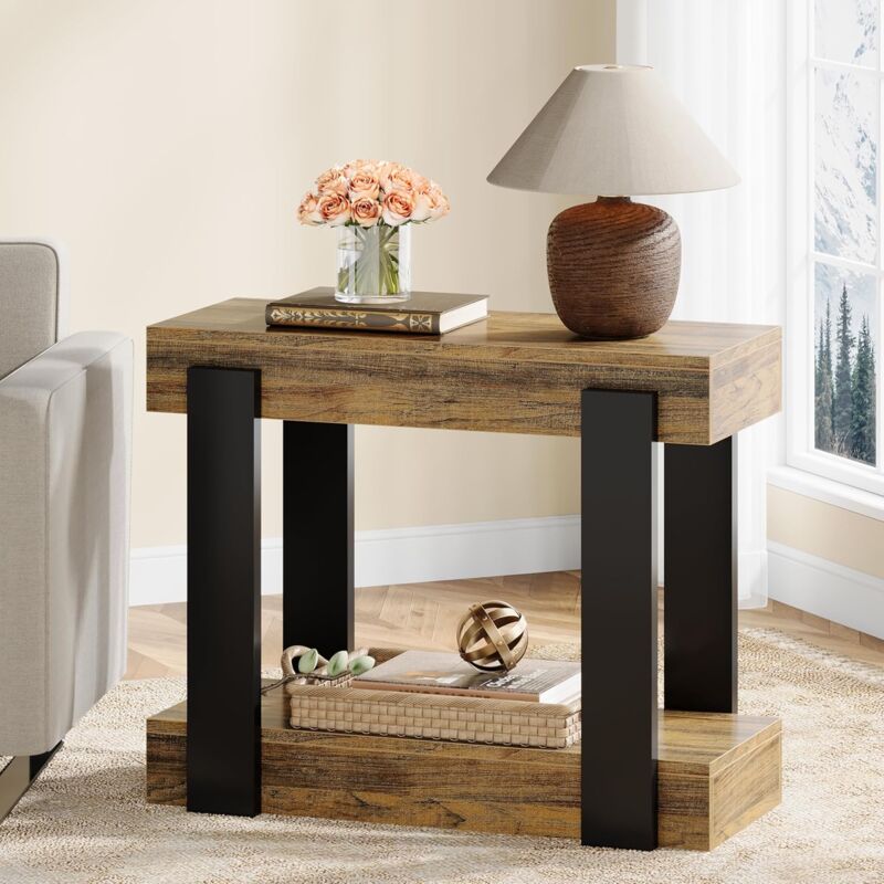 Tribesigns - Table d'appoint étroite à 2 Niveaux, Table de Salon en Bois avec Cadre en Noir, Basse Industrielle pour canapé, de Chevet pour Chambre à