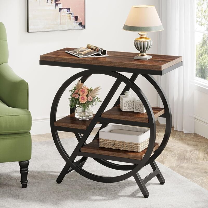 Tribesigns - Table d'appoint étroite à 3 niveaux pour salon, table d'appoint en bois avec cadre géométrique en métal, table de chevet industrielle et