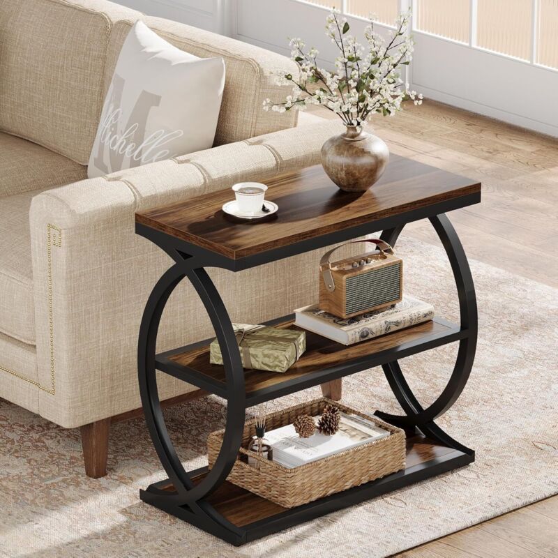 Tribesigns Table d'appoint étroite à 3 niveaux, table d'appoint industrielle en bois avec cadre en métal, petite table de chevet pour chambre à