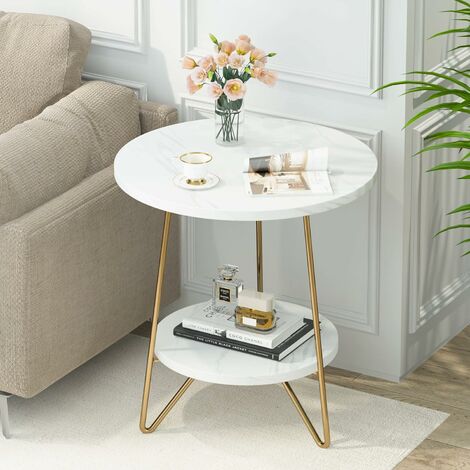 Tribesigns – Table d'appoint ronde en marbre synthétique à 2 étages – Pieds en métal doré – Dimensions 47x47x55 cm – Compacte pour salon ou chambre