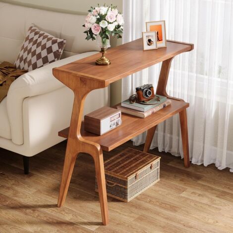 Tribesigns Table haute et étroite en bois massif avec étagère de rangement à 2 niveaux pour salon, moderne