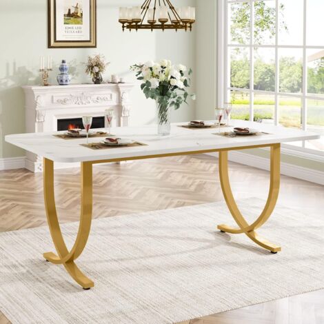 Tribesigns Tavolo da Pranzo 160 cm, Tavolo da Pranzo Rettangolare con Piano Del Tavolo in Finto Marmo, Tavolo Moderno da Cucina e Sala da Pranzo per Massimo 6 Persone, Oro & Bianco