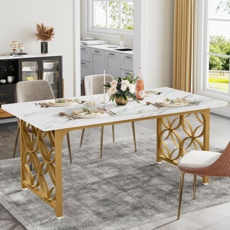 Tribesigns Tavolo da pranzo moderno in marmo da 160 cm, per 6 persone, tavolo da cucina rettangolare con struttura in metallo dorato, per cucina, sala da pranzo (bianco e oro)