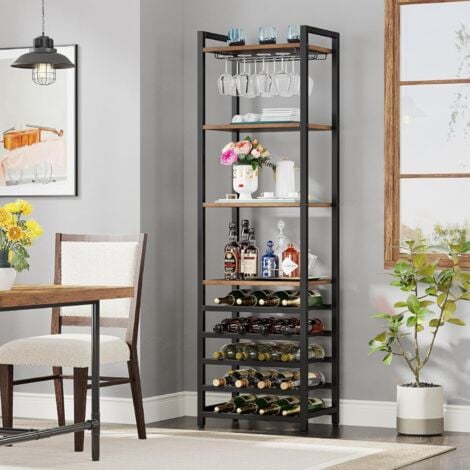 Tribesigns Wine Rack Freestanding Floor, 9 Tier Wine Baker Rack with Glass Holder & Wine Storage, Multi-Function Wine Bar Cabinet Bottle Holder for Kitchen, Dining Room, Rustic Brown