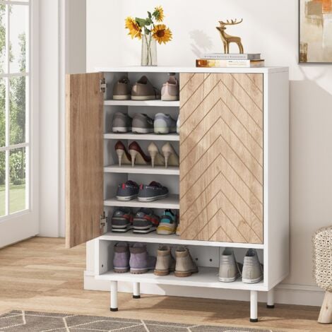 Tribesigns Zapatero con 18 pares de zapateros con puerta, armario de almacenamiento moderno de 6 niveles con estantes para entrada y pasillo, color blanco y marrón