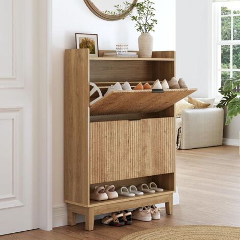 Tribesigns Zapatero, zapatero con estantes, 2 cajones con protección plegable, estantería de madera, organizador para entrada, pasillo, salón, color marrón