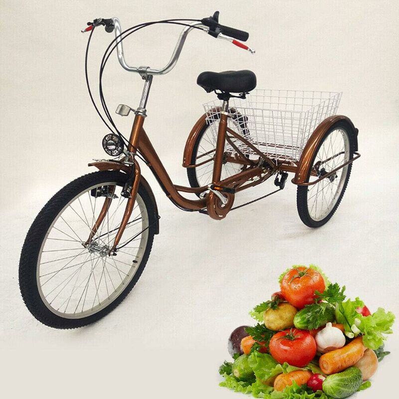 Tricycle 24 pouces pour adulte 6 vitesses Tricycle Shopping avec panier lumineux (Marron)