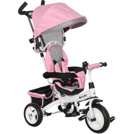 Tricycle enfant 6 en 1 avec poignée de poussée, capote, harnais de sécurité 5 points, rangement, repose,pieds et frein, pour les enfants de 1 à 5 ans, rose