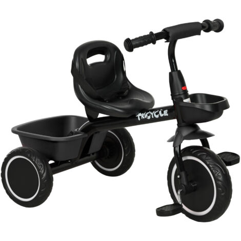 Tricycle pour enfants de 2 à 5 ans avec siège réglable, pédales et paniers, noir,Voiture électrique
