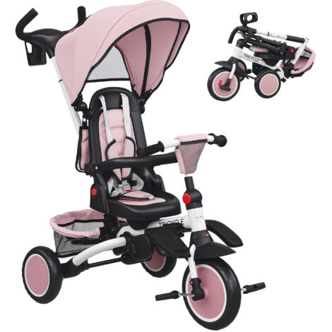 Tricycle pour enfants, poussette 6-en-1 pour tout-petits, avec poignée poussée, siège réglable, design pliable, filet de sécurité