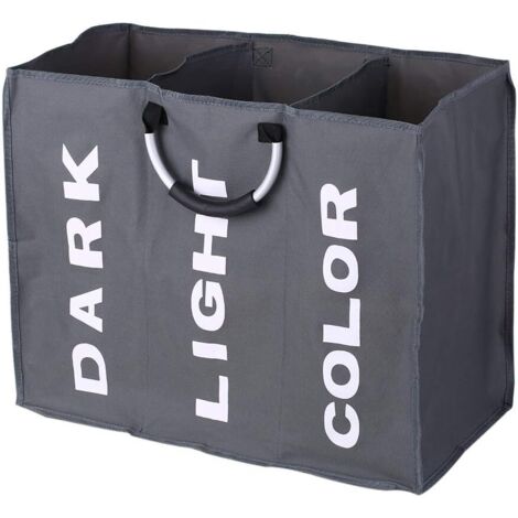 Trieur à linge 3 compartiments, panier à linge pliable trieur sac à linge sac à linge de tri avec poignées en aluminium (gris foncé)-Fei Yu