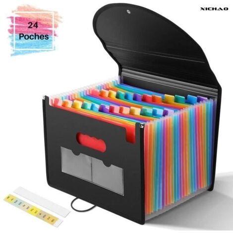 Trieur à Soufflets Classeur Rangement Papier Chemise Trieur Plastique 24 Compartiments Avec Couvercle A4 Documents Extensib