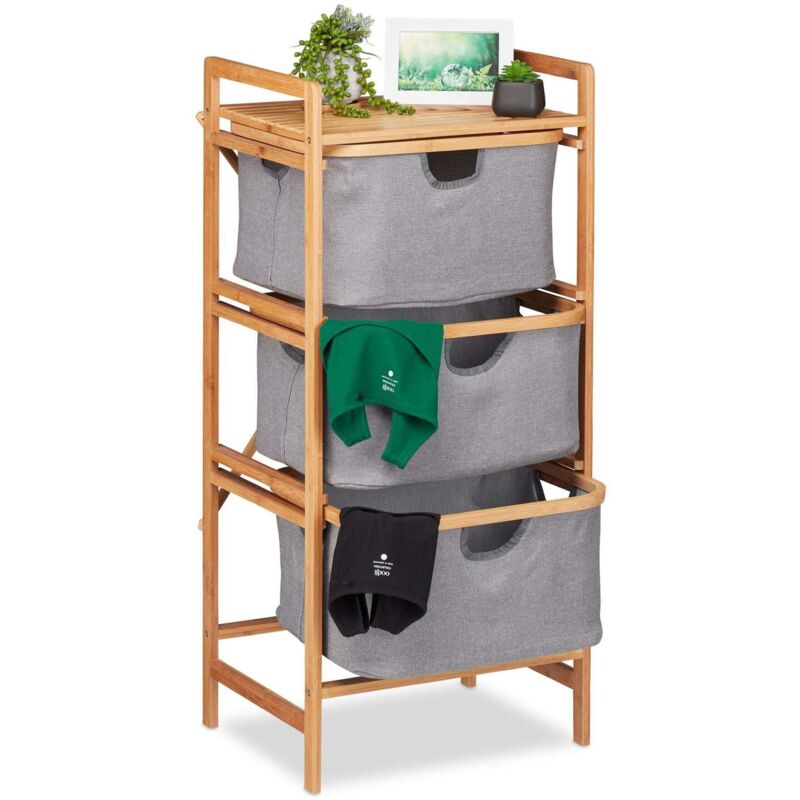 Trieur de linge en bambou avec 3 paniers