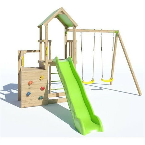 Trigano – Aire de jeux bois 2,20 m – 8 enfants – 2 plateformes à 0,90 m et 1,20 m – Toboggan 2,63 m – Mur de grimpe avec 4 échelons métalliques