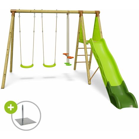 Trigano – Balançoire en bois 2,30 m – Capacité 6 enfants – Toboggan 2,63 m – Kit d'ancrage inclus pour installation solide