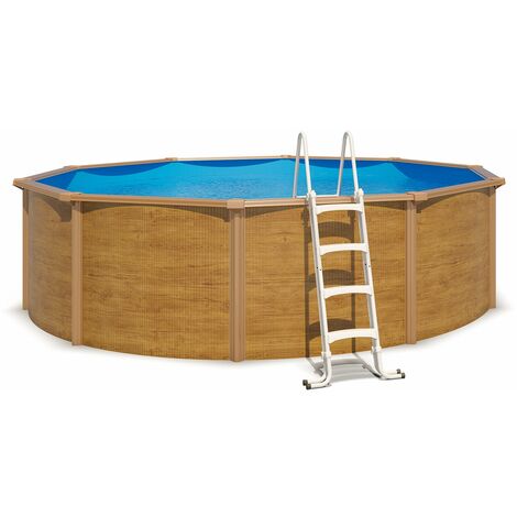 Trigano – Piscine hors sol acier ronde Ø 4,55 x 1,20 m aspect bois – Paroi en acier ondulé galvanisé – Kit filtration Aqualoon – Échelle antidérapante