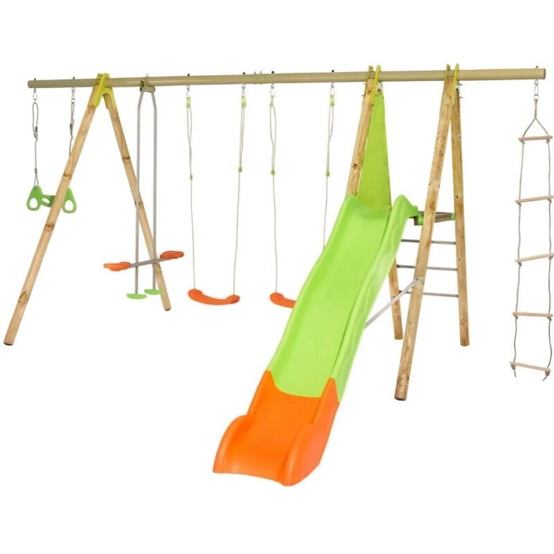 Trigano - Portique bois et métal 2,30m 2 balançoires, 1 échelle de corde, 1 face a face, 1 trapeze anneaux et 1 toboggan 2,63m makuta t