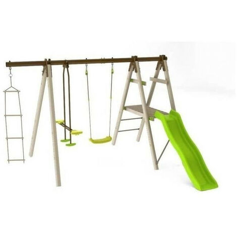 TRIGANO Portique OREKA en bois et métal - H. 1,90 m - 3 agres, balançoires + toboggan