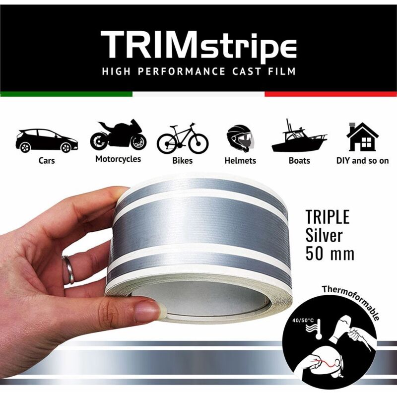 Trim Stripe Strisce Adesive per Auto, 3 Fili, Argento - Dimensione: 50 MM X 10 MT