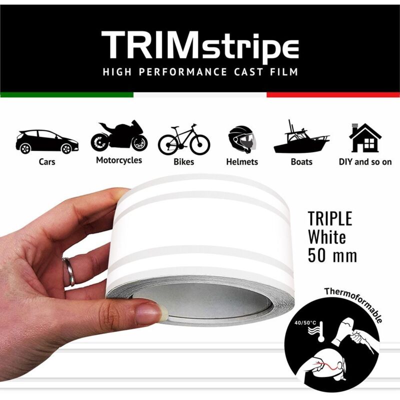Trim Stripe Strisce Adesive per Auto, 3 Fili, Bianco - Dimensione: 50 MM X 10 MT