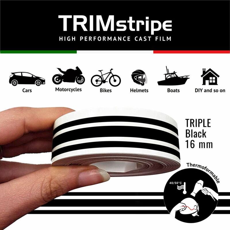 Trim Stripe Strisce Adesive per Auto, 3 Fili, Nero - Dimensione: 16 MM X 10 MT