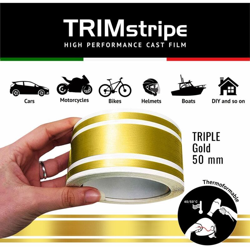 Trim Stripe Strisce Adesive per Auto, 3 Fili, Oro - Dimensione: 50 MM X 10 MT